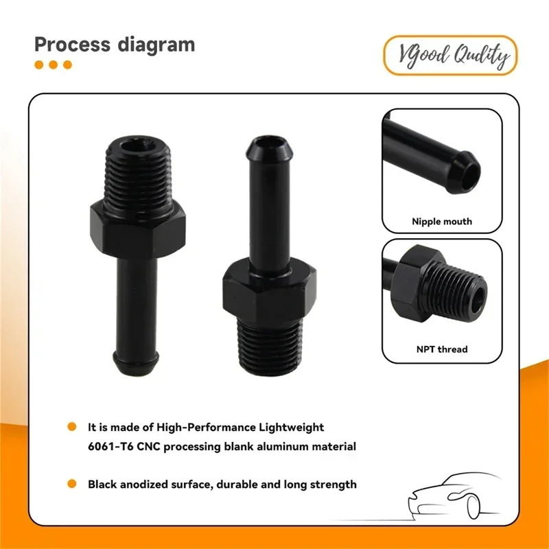 2PCS 1/8 NPT Male to AN4 Hose Barb Straight Aluminum Adapter Fitting Black