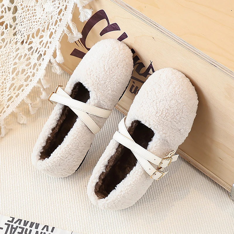 Girls Fuzzy Ballet Flats Soft Sole Non Slip Winter Shoes