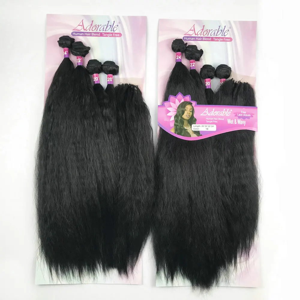 Adorable Kinky Straight Hair Weave Bundles Extensions Heat Resistant Fiber Natural Color Soft Synthetic Packet Hair Wet&Wavy 4pc