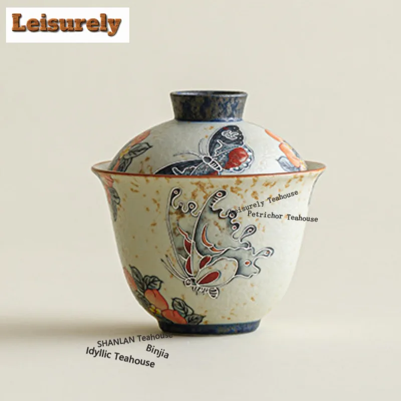 150ml Caramel Glaze Peach Butterfly Gaiwan Traditional Tea Tureen Tea Bowl With Lid Kit Tea Making Cover Bowl Tableware Ornament