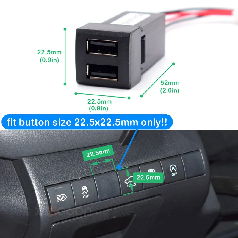 Фото Двойное быстрое зарядное устройство USB 12 в 22x22 мм для Toyota Land Cruiser Prado 150 Series Rav4 Camry Hiace Corolla №2