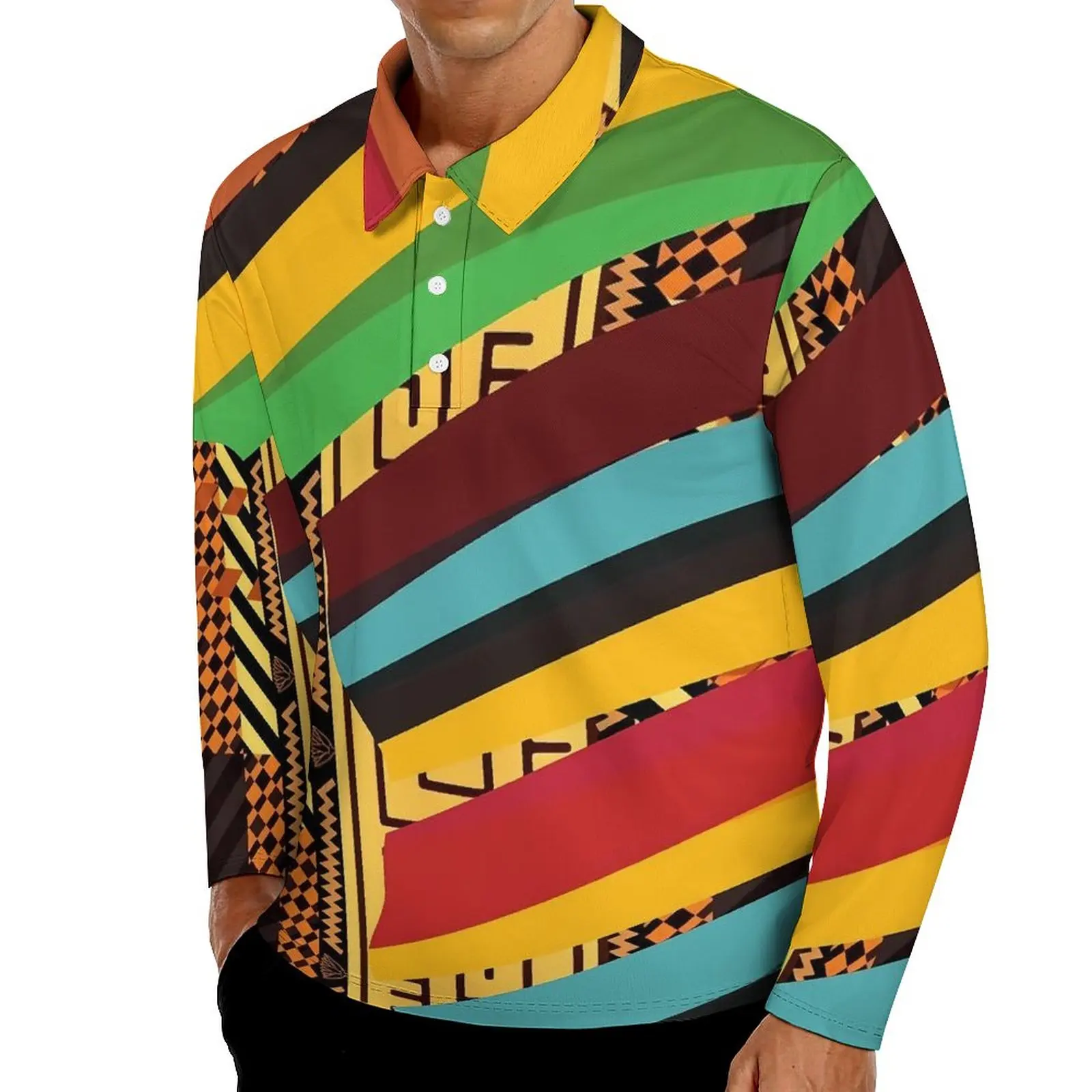 

Print Patchwork Print Polo Shirts Man Vintage African Casual Shirt Autumn Street Style Long Sleeve Print Oversized T-Shirts