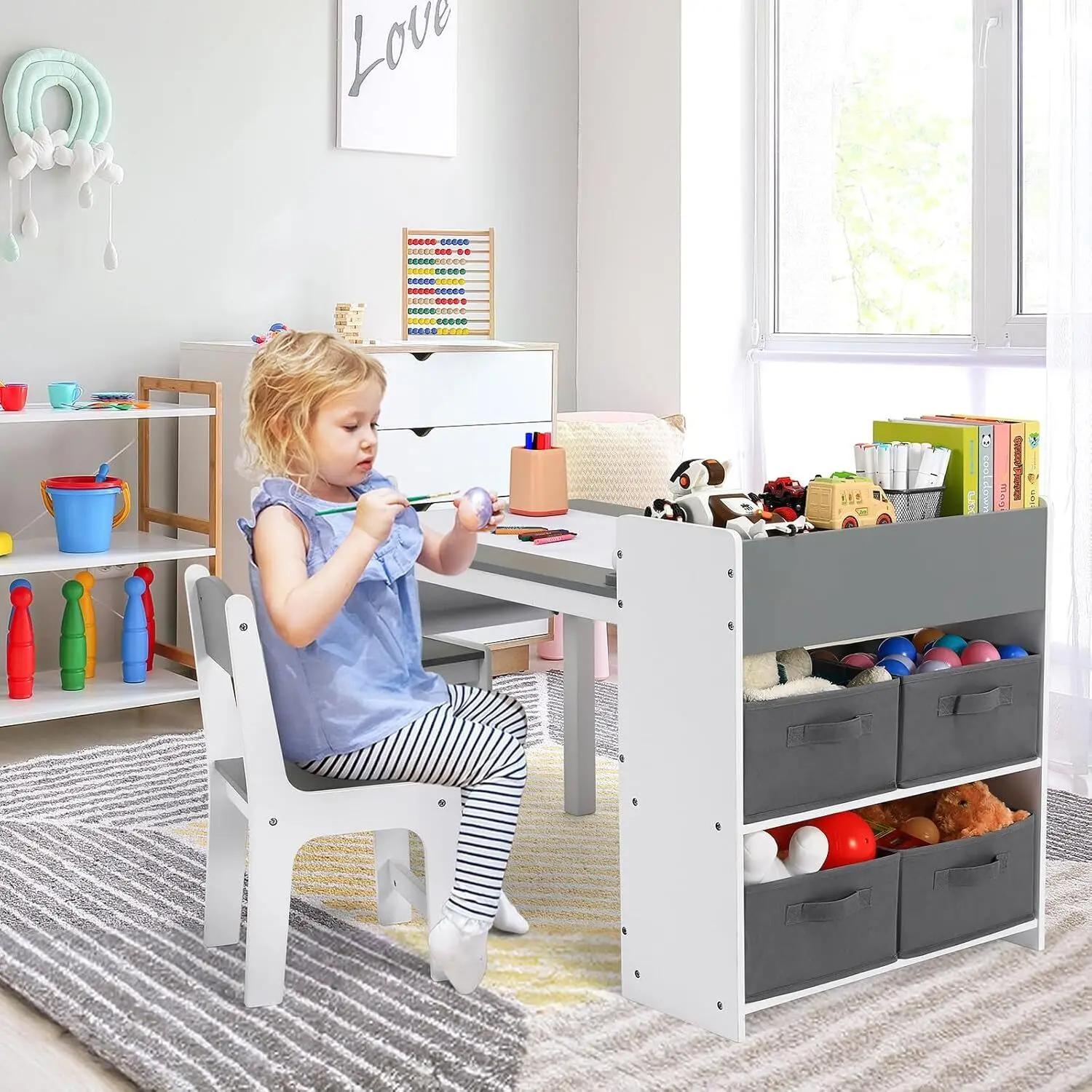 Table d'art pour enfants et 2 chaises, table de jeu artisanale pour tout-petits avec bacs de rangement, rouleau de papier 1 Table d'art pour enfants et 2 chaises, table de jeu artisanale pour tout-petits avec bacs de rangement, rouleau de papier 1