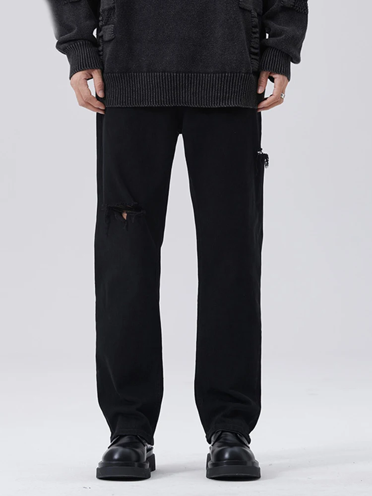 

Yihanke High Street Black Elastic Denim Trousers Male Loose Straight Wide -leg Pants Jeans for Men