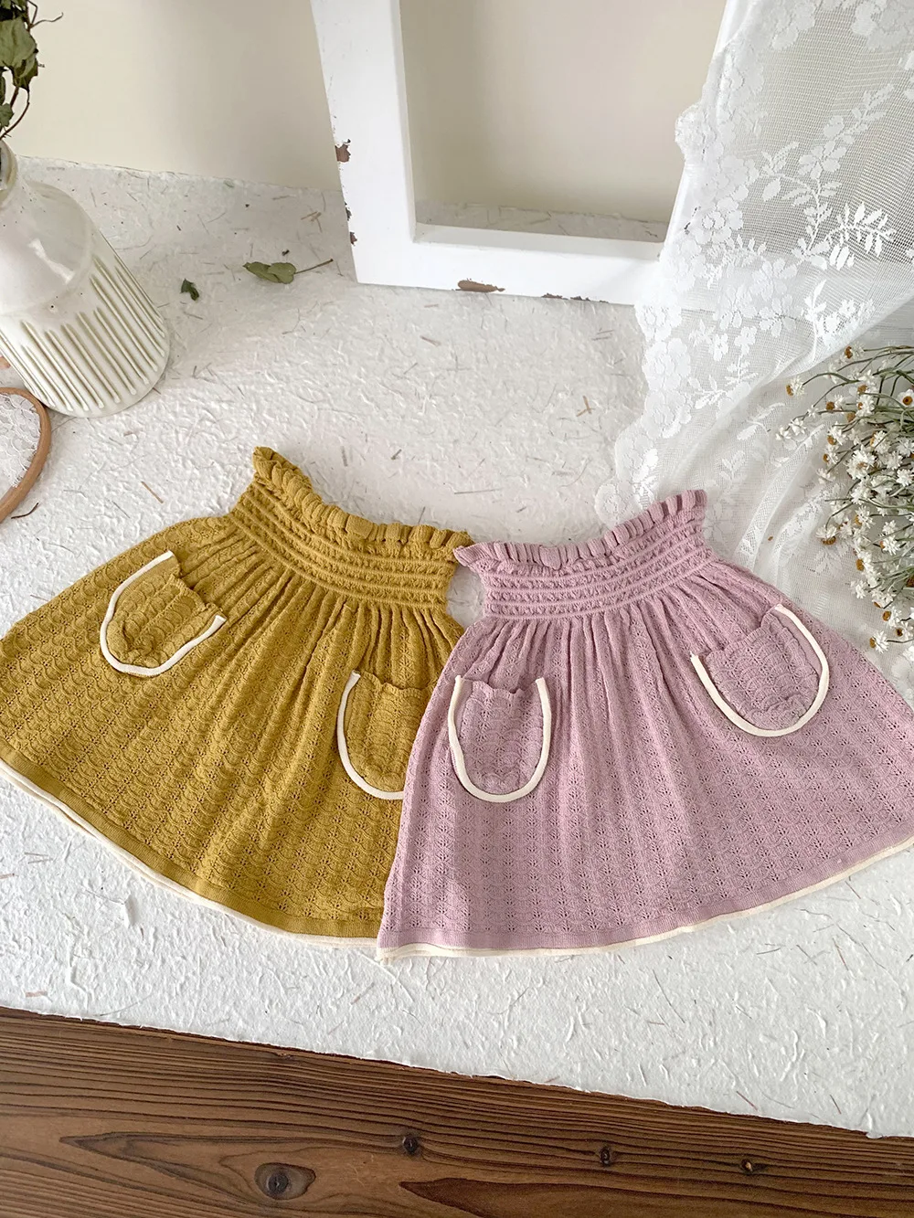 

Jenny&Dave Spring/Summer Hollow Half Skirt Girl Baby Girl Ice Silk Cotton Color Contrast Cute Insert Pocket Breathable Half Skir