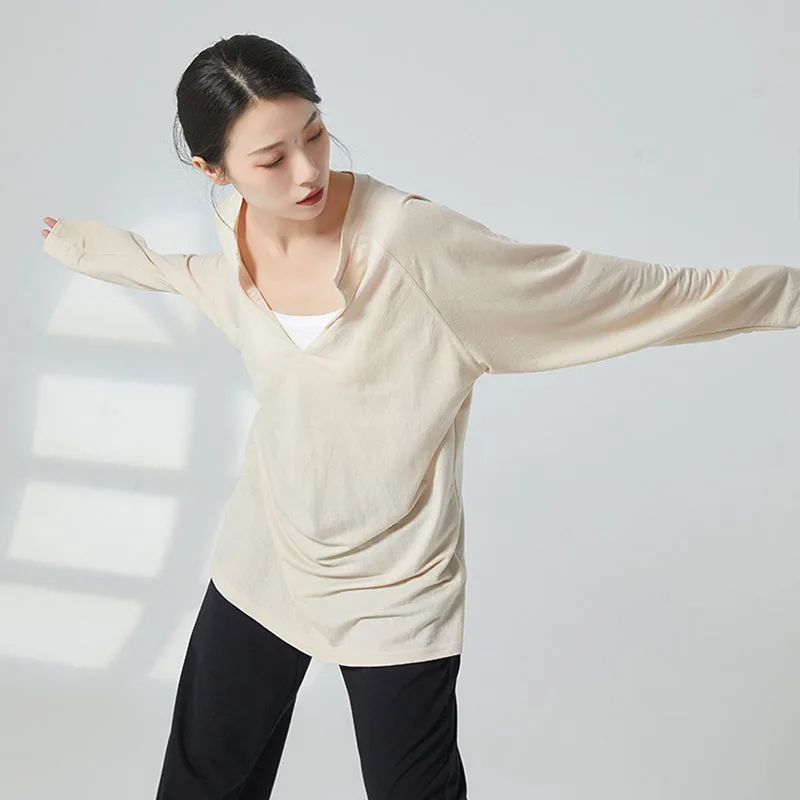 

Wholesale Dance shirt Adult Yoga top Loose modern dance clothing Long sleeve solid shirt Classical dancer practice T-shirt