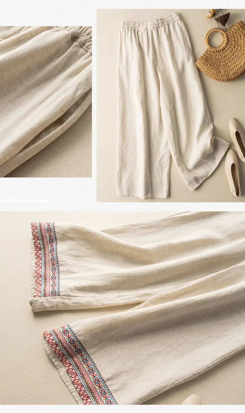 Blaue Stickerei, feste, lässige, elastische, hohe Taille, Baumwolle und Leinen, Damenhose, weites Bein, durchgehende Hose für Damen, Kleidung, Mode – Detail 5