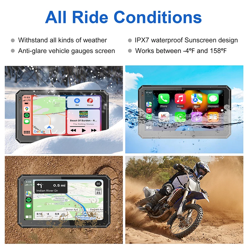 Motorcycle Navigation Display Motorcycle Navigation Screen Portable 7 Inch Motorcycle Navigation GPS Wireless Apple Carplay Android Auto IPX7Waterproof Motorcycle BT Touch Screen Display