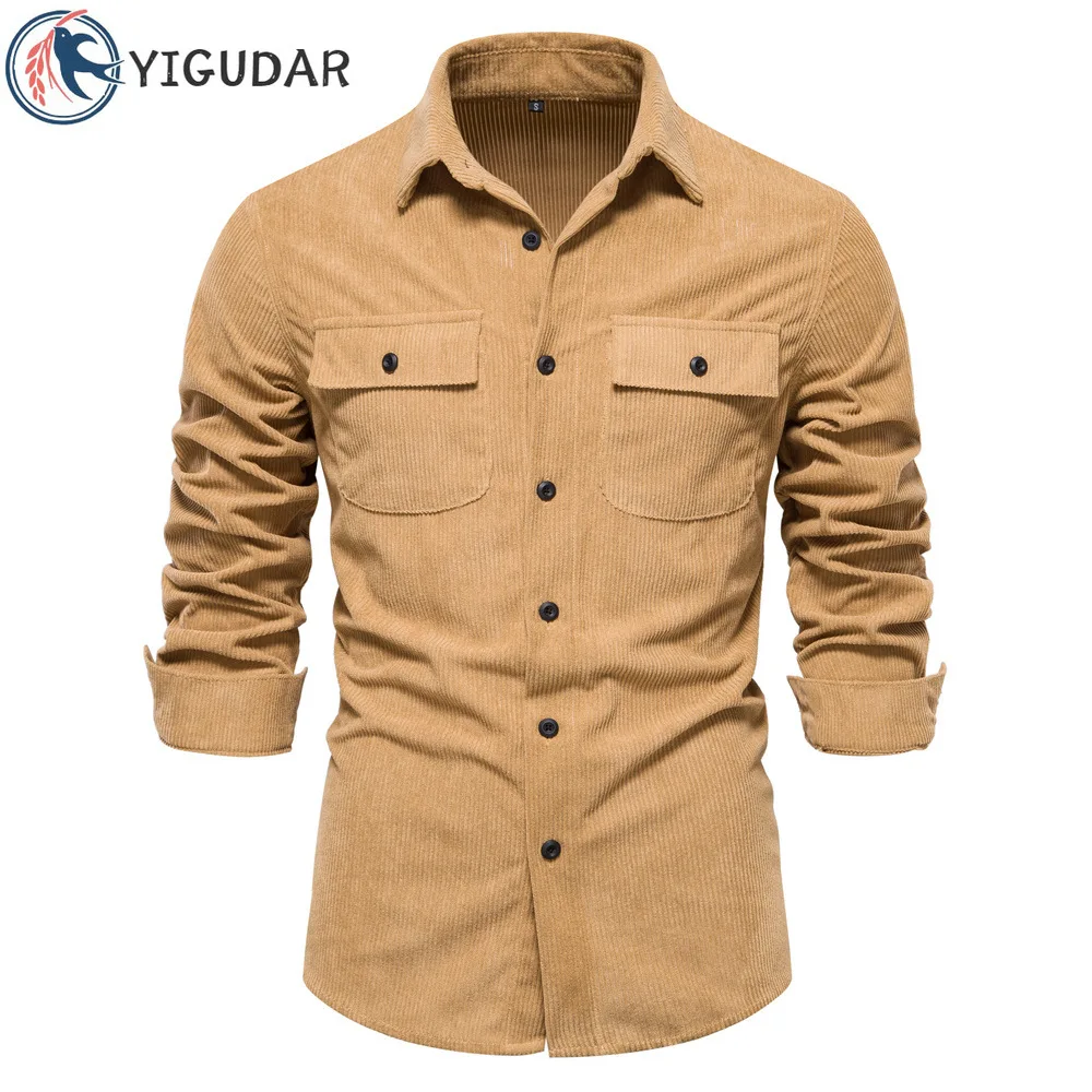 

New Hight Quality Men Shirts Single Breasted 100% Cotton Mens Shirt Business Casual Fashion Solid Corduroy Slim Fit Dress Shirts