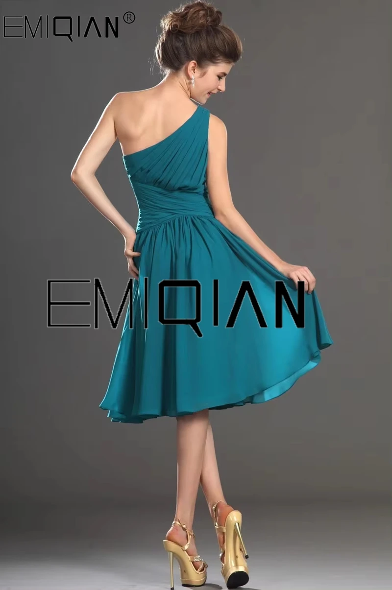 One Shoulder A-Line Pleated Bodice Chiffon Cocktail Dress Short Prom Dress