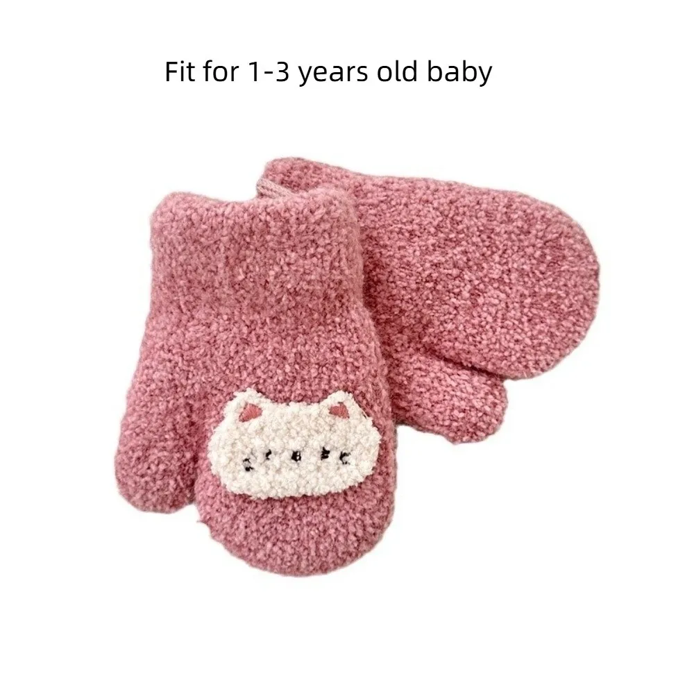 Warm Cartoon Baby Mittens Thick Anti Cold Hanging Neck Gloves Double Layer Children Gloves 1-3Year Girl Boy