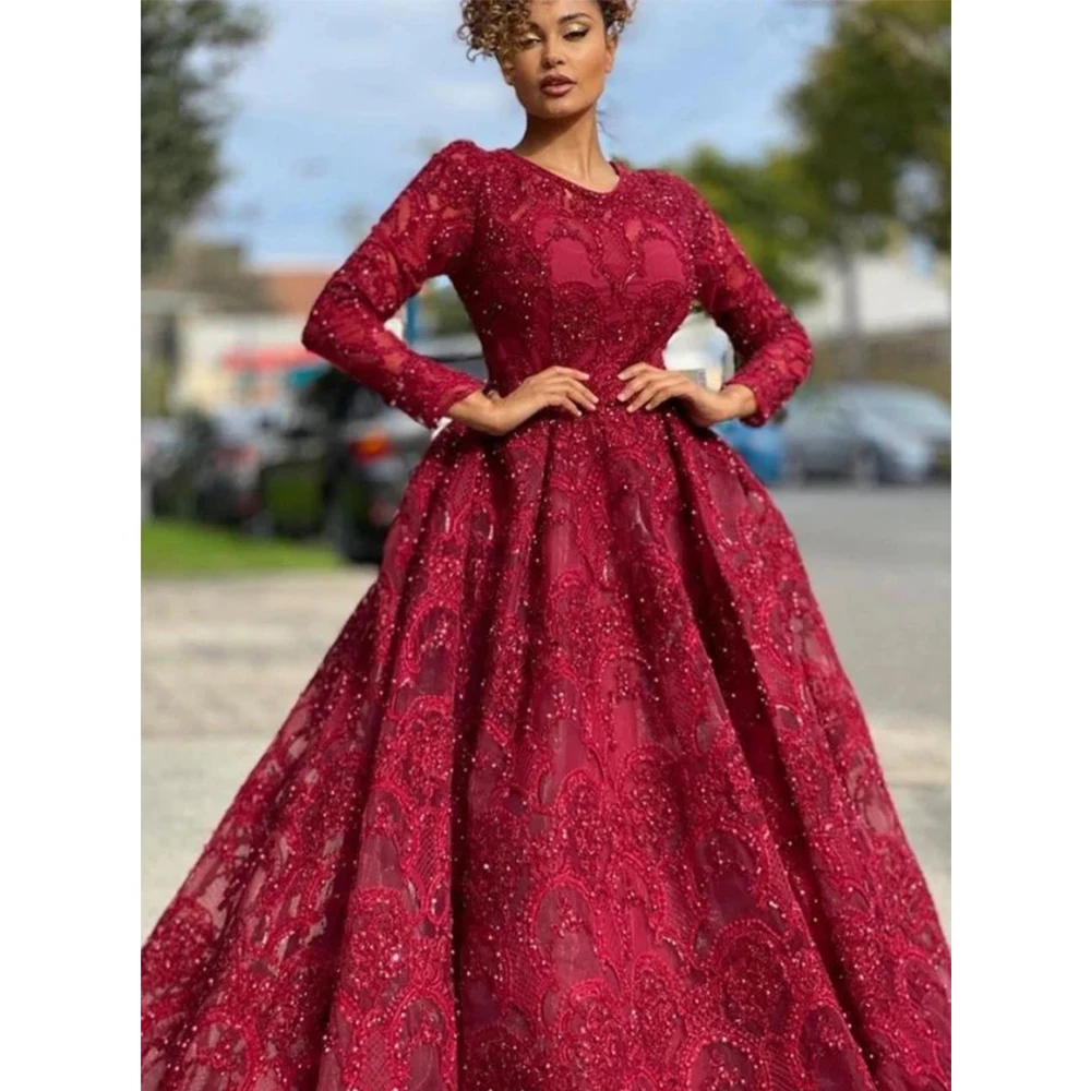 

Red A-Line Women's Round Neck Prom Dresses Lace Applique 2023 Luxury Long Sleeve Formal Party Gowns Robes De Soirée فستان سهرة