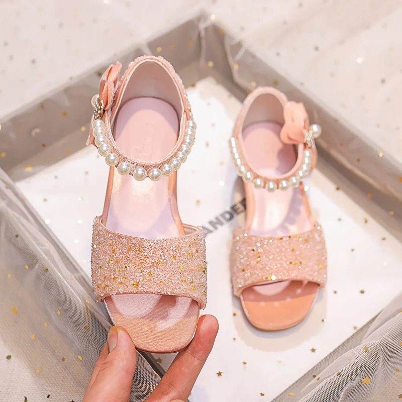 

Girls Sandals Children Fashion New Bow Sequins Pearl Princess Sandals Party Performance Shoes Summer Sandals H884