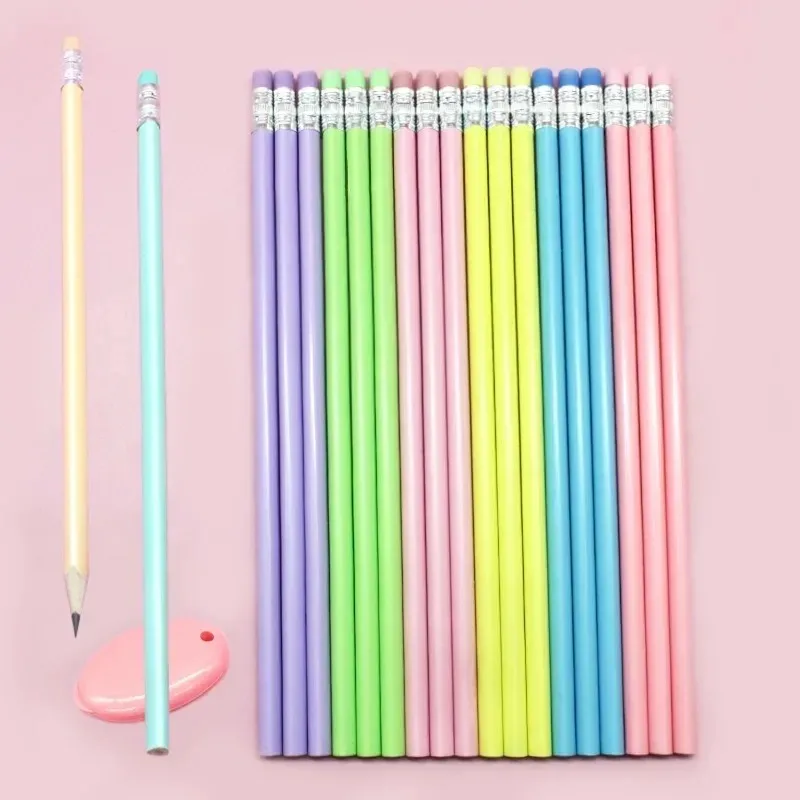 30 Pcs Pencil Macarone Triangle Shiny Wood Rubber Head Sketch Drawing Pen Office Learning Stationery HB Pencil School Supplies eraser pencil drawing pencils