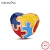 100% 925 Sterling Silver Charms Autism Awareness Puzzle Heart Beads Rose Gold Fit Pan Bracelets Necklaces Women DIY Jewelry 1