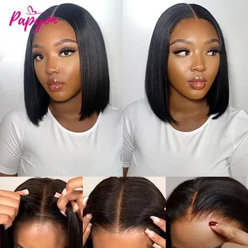Parrucca Bob Corta Liscia in Capelli Umani, Realizzata a Macchina, Pre-Tagliata, con Pizzo 4x4, Elastico e Coulisse, Migliorata e Traspirante per Donne