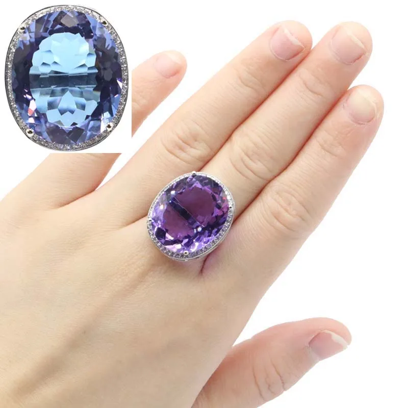 Jewelry Set Big Oval Color Changing Alexandrite Topaz CZ Silver Pendant Earrings Ring 34x21mm 22x18mm