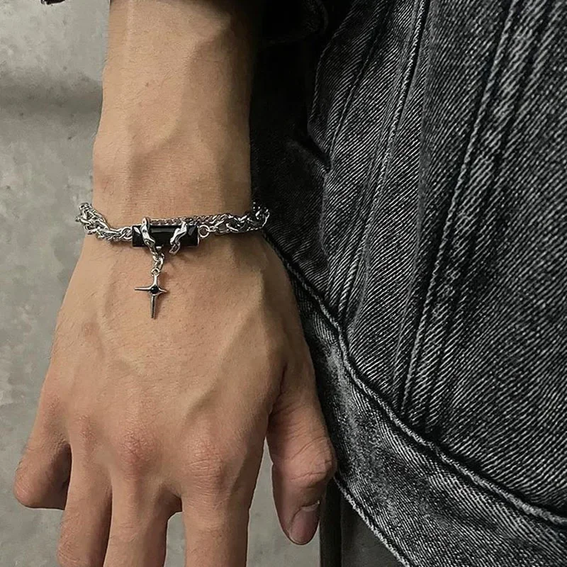 Retro Black Zircon Star Chain Unisex Punk Bracelet – Stainless Steel Jewelry