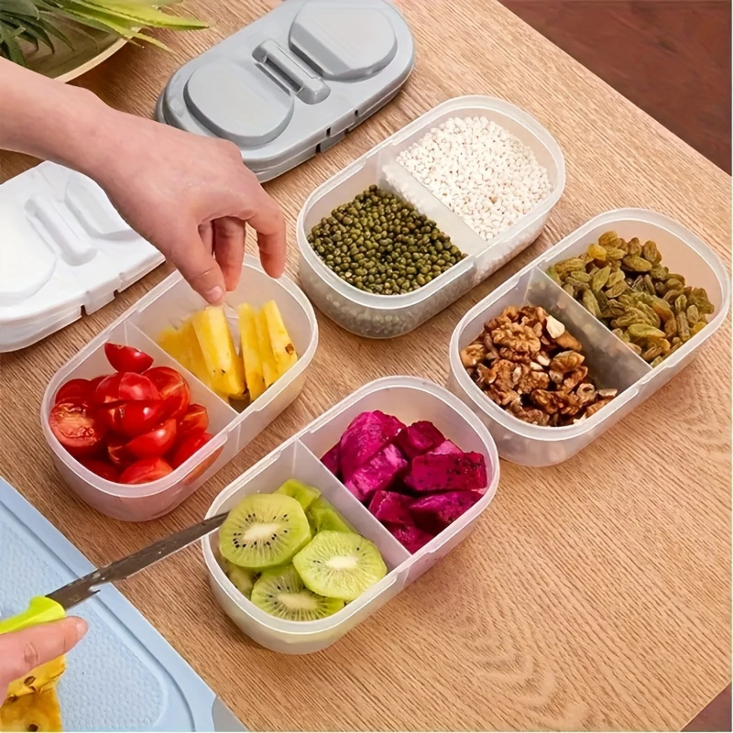 1pc Food Container, Multifunctional Leakproof Box, Portable 2 Grids Sealed Box For Spice, Snack, Fruit