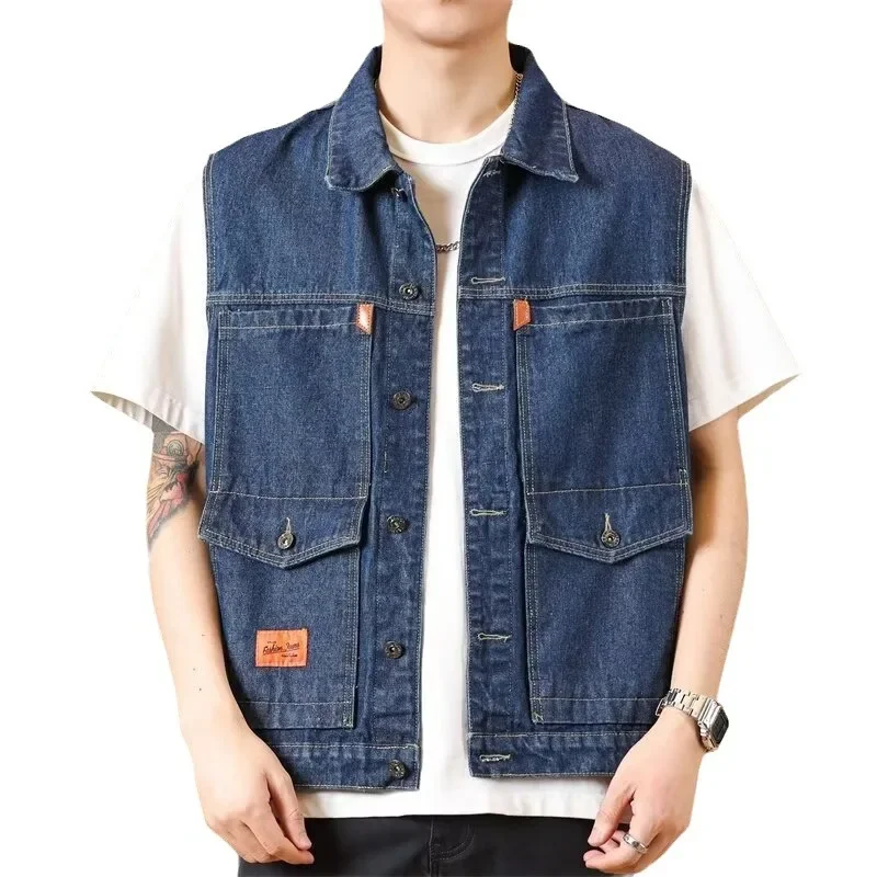 Men's GreyVintagedenimJacket SimpleTrendy Loose-Fit Versatile Workwear Denim Vest Motorcycle Rider Clothing