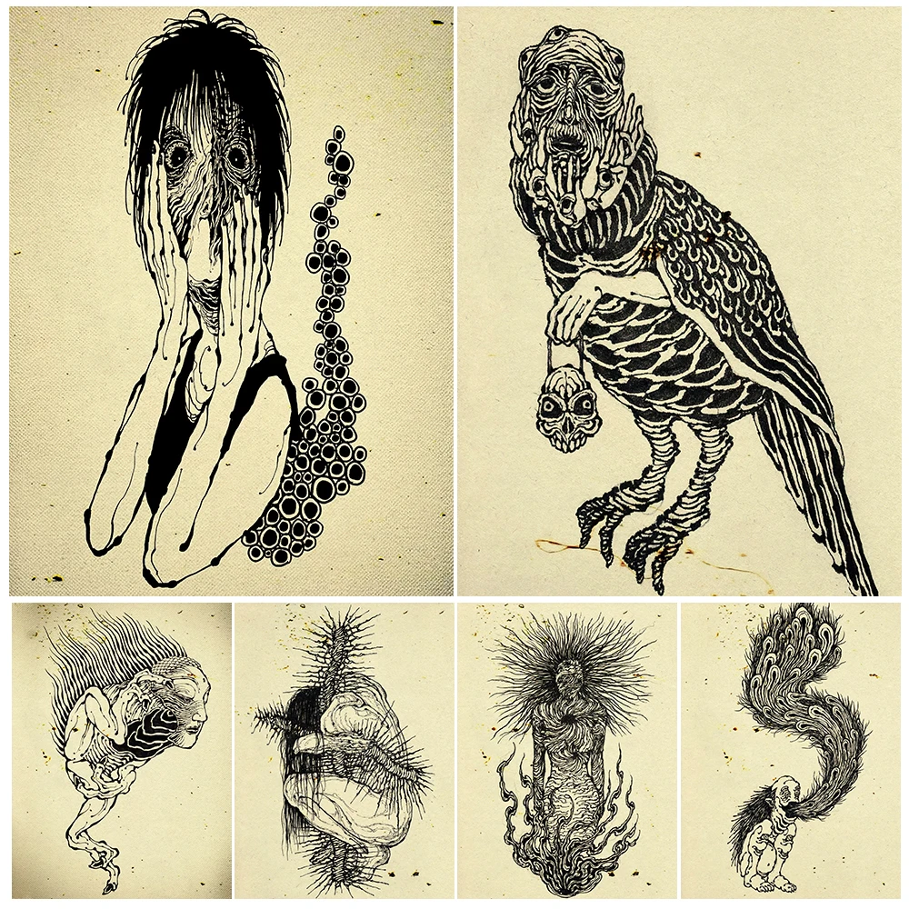 

Human-Headed Cicada,Twin Snakes,Spider Spirit,Horror Creature Wall Art Canvas Print Demon Monster Vintage Art Poster Print Decor