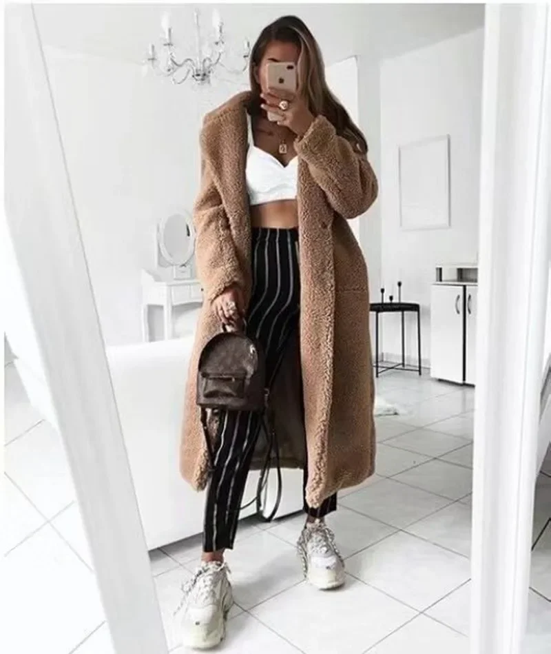 Women Winter Warm Fur Coat Cardigan Office Lady Sexy Women Wool Blend Top Coat Plus Size Long Coat Wool Jacket 2024 New
