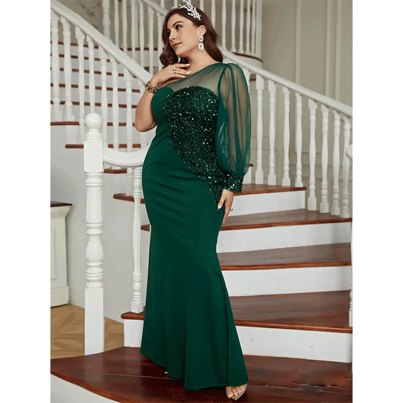 Vestido de malha frisada, um ombro, tamanho positivo, rabo de peixe verde,  plus size, 4XL, 5XL, luxo, elegante, festa, verão