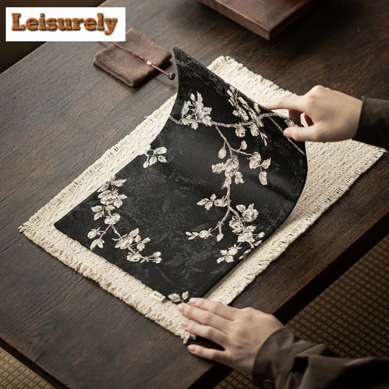 Embroidered Brocade Double-sided Tea Table Mats Ancient Tea Flag Drink Coaster Dinner Table Cloth Mat Chinese Tea Set Decoration