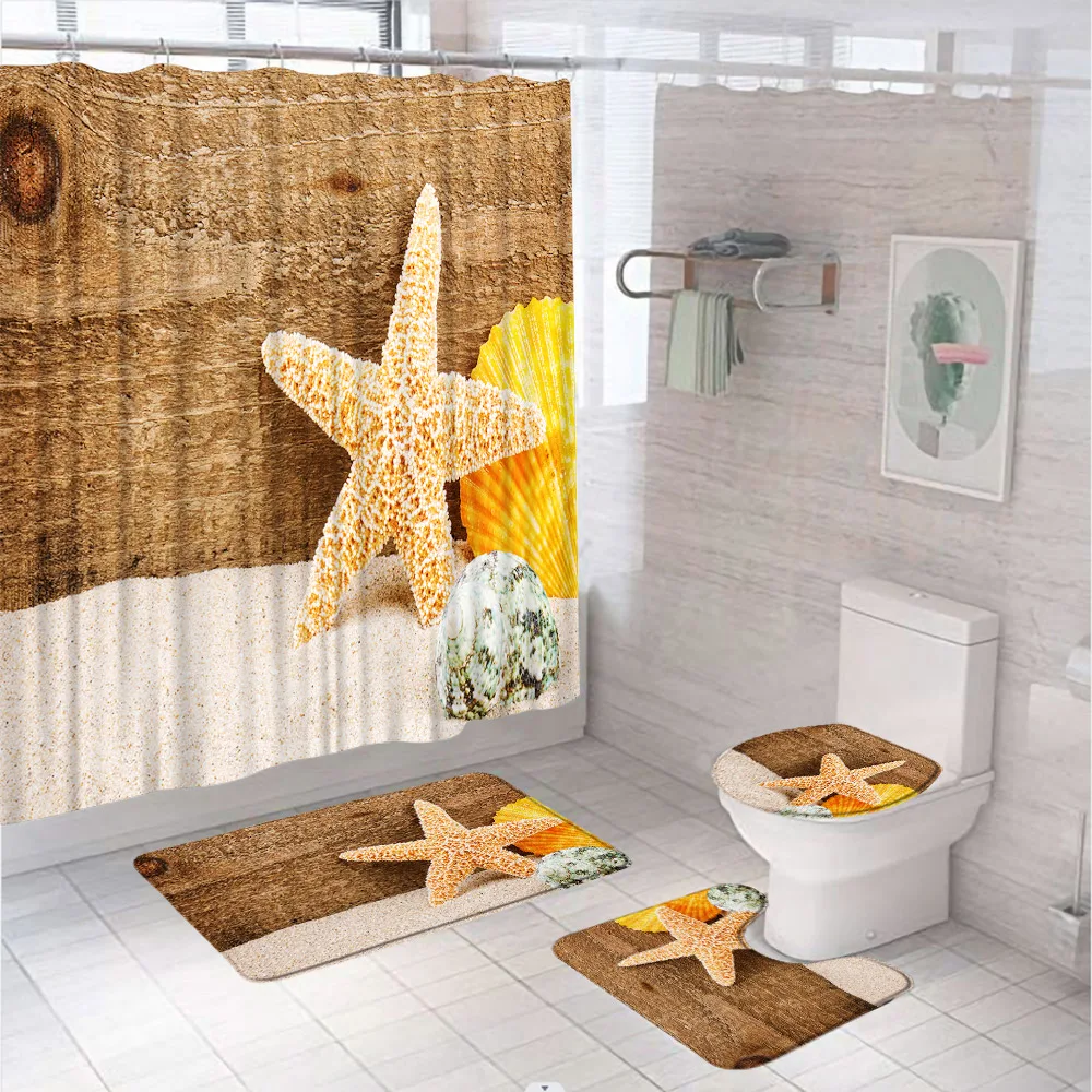 

Sea Shells Starfish Conch Shower Curtain Bathroom Sets Wooden Board Beach Doormat Bath Mats Non Slip Rug Carpet Toilet Lid Cover