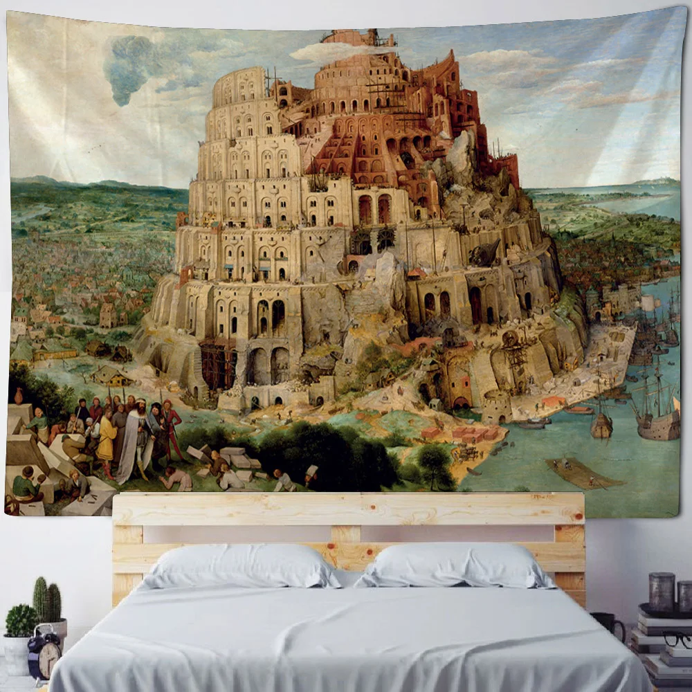 European style landscape oil painting tapestry, home wall hanging fabric, Bohemian, aesthetic, living room, bedroom decoration