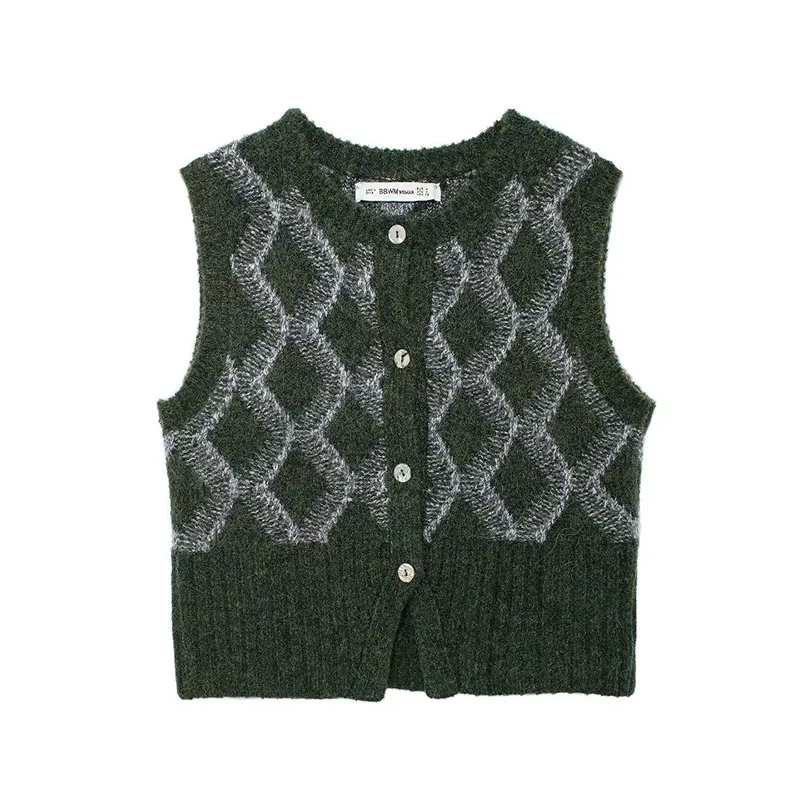 thumbnail image 1 of HH TRAF 2024 Chaleco de suéter para mujer, verde oscuro, cuello redondo, sin mangas, estampado geométrico, botonadura sencilla, tops de punto de otoño para mujer, moda, 1 of 5