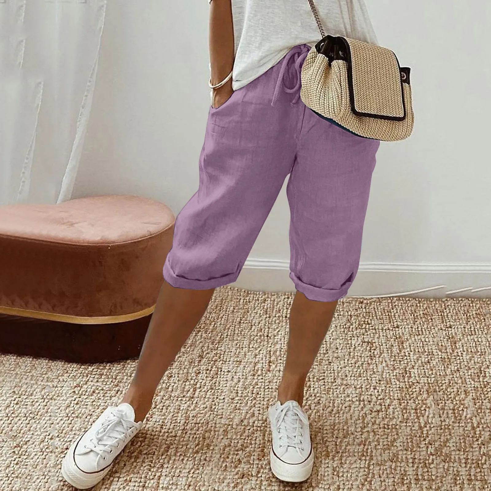 

Women's Fashion Solid Color Large Pocket Capris Pant Drawstring Elastic Waist Loose Casual Pants Cotton and Linen Laides Trouser