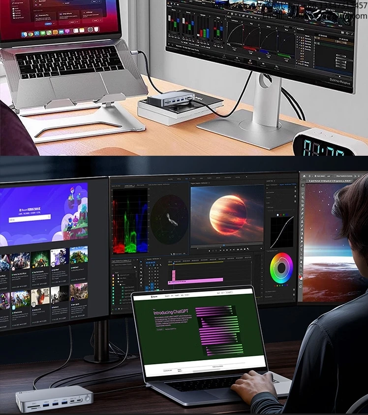 15 트리플 디스플레이 썬더볼트 5 도킹 스테이션 SSD 인클로저 포함 3 썬더볼트 5 포트 USB-A 2.5GB 이더넷 8K 디스플레이 140W PD