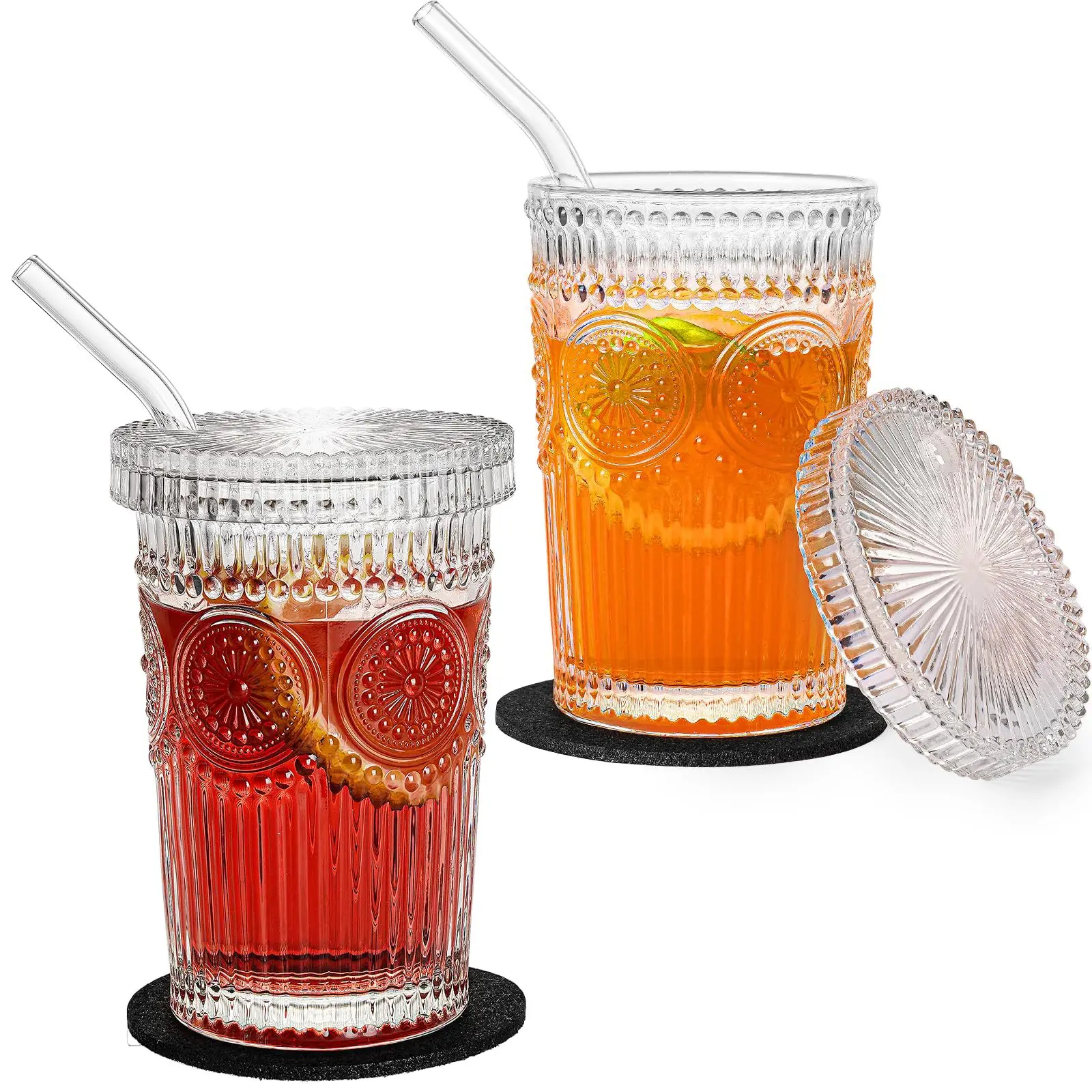 

Transparent Stripe Glass Water Cup Easy to Clean with Lid and Straw Bubble Tea Cups Suitable for Drinking Smoothie