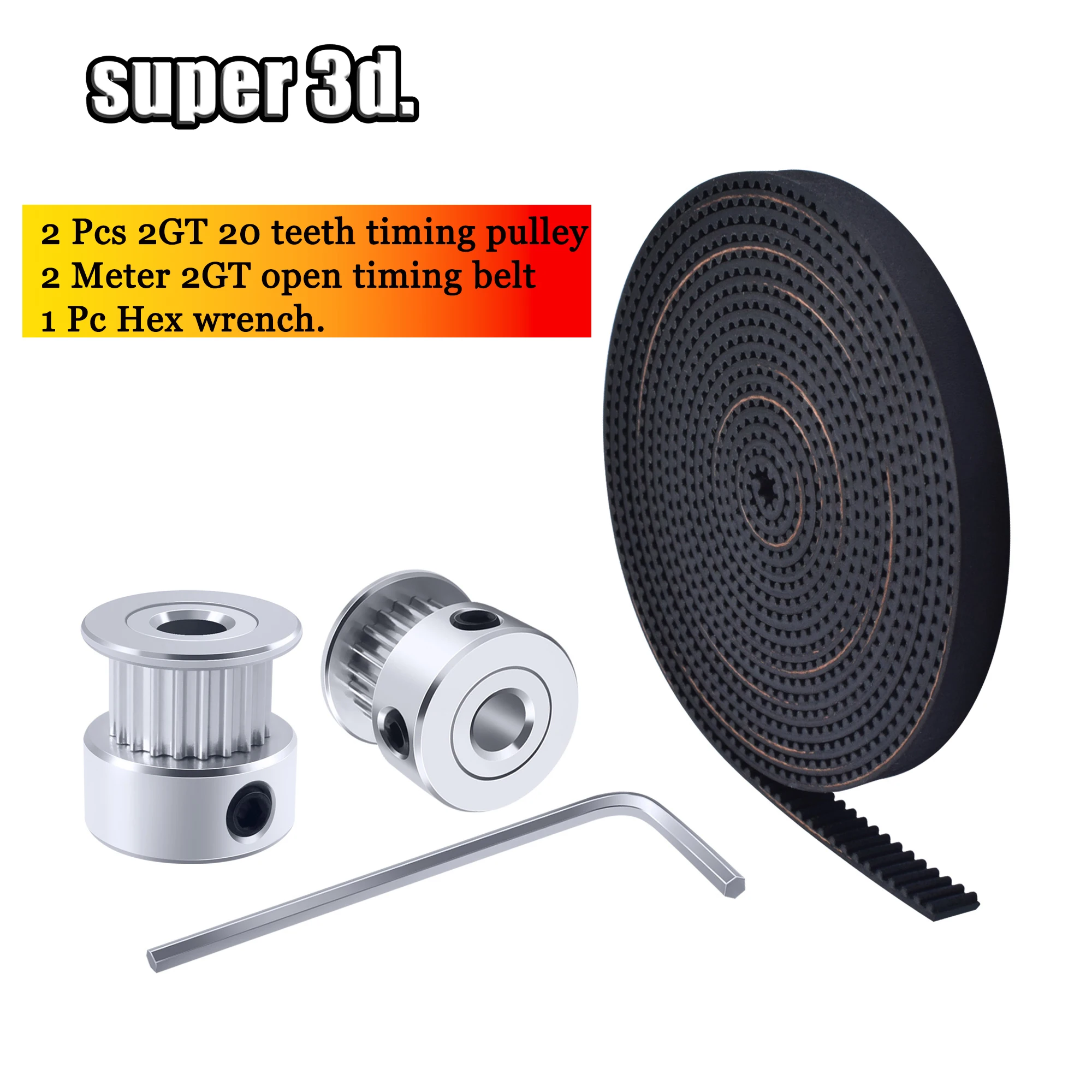 

2Pcs 2GT 20tooth Timing Pulley+2m 2GT 6mm Timing Belt+Hex Wrench For Ender 3 PRO CR10 TEVO Tarantula Printer Transmission Belt