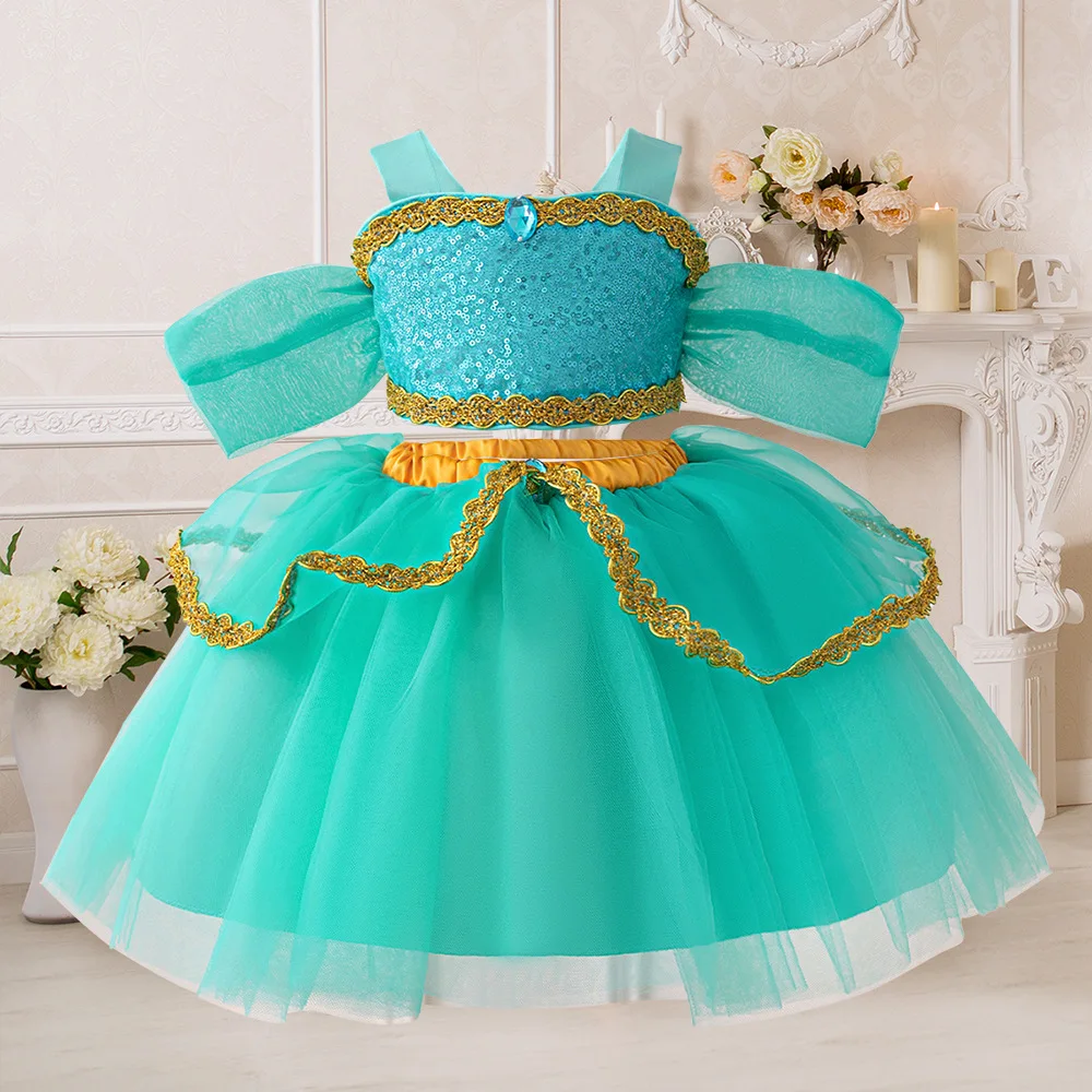 

Girls Jasmine Costume for Aladdin Princess Magic Lamp Dress Sets Carnival Clothing Vestidos Kids Halloween Party Cosplay Costume