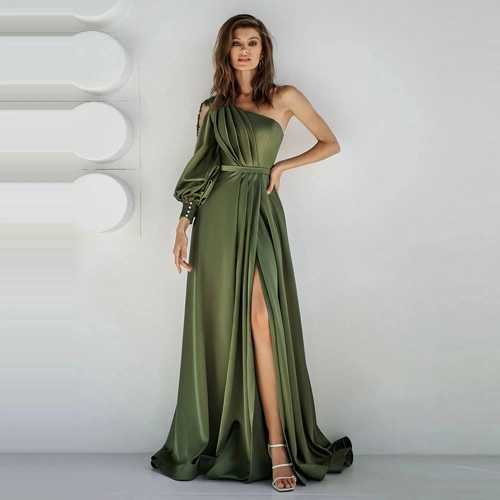 

Pearl Dress Elegant Olive Green Satin Evening Dress Side Split One Shoulder Beaded Applique Ball Dress Bubble Sleeve