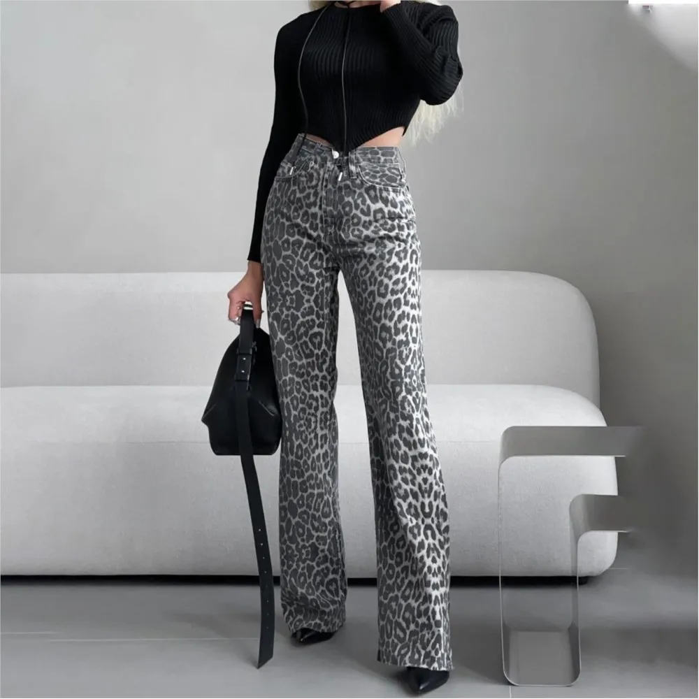 Elegant Grey Leopard Printed Y2k Jeans High Waist Straight Wide Leg Vintage High Street Formal Retro Black Jeans Pants Women