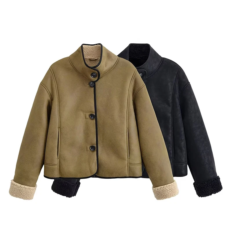Solid Lamb Wool Coat Women Casual Lapel Single Breasted Pocket Loose Short Warm Jacket New Commute Office Jackets 2025 Winter