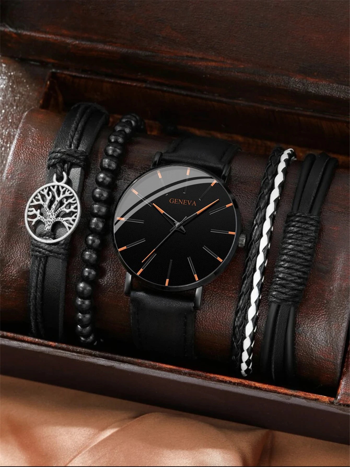 Elegant Black Alloy Quartz Movement Watch With Crystal Trim Bezel And Double Chain Bracelet main image 0