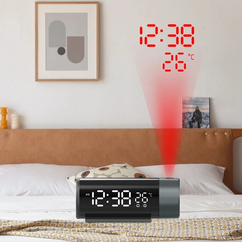 Digital Dual Alarm Clock LED Projector Thermometer Desk Bedroom Bedside 180° Rotation Projection Snooze Clocks USB Phone Charge 4