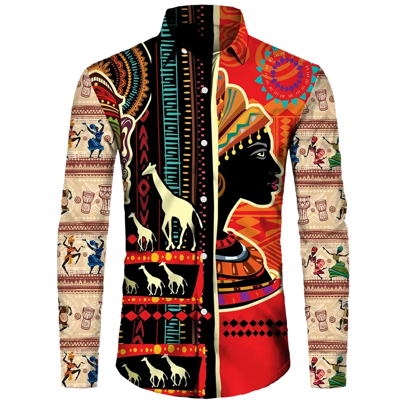 thumbnail image 1 of Camisas con cuello vuelto y botones con estampado dashiki africano para hombre, blusas casuales de manga larga, ropa de calle de estilo étnico, camisa, 1 of 5