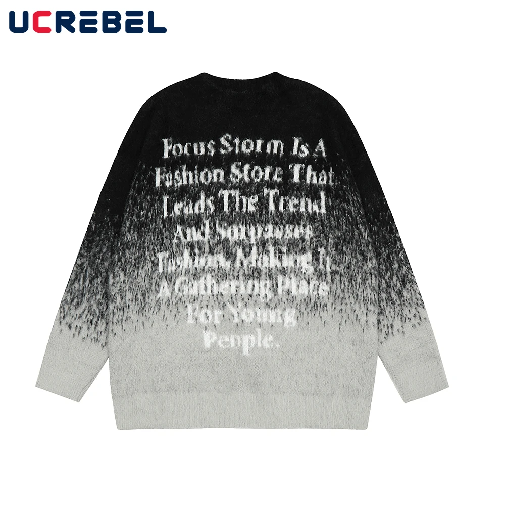 

Letter Jacquard Casual Knitted Sweater Mens Loose Crew Neck Gradient Dyed Vibe Style Pullover Men Autumn