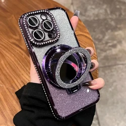 Luxury Diamond Clear Glitter Phone Case with Mirror and Magnetic Holder Stand - iPhone 14 (Purple)