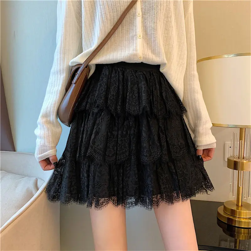 Summer Korean Women Romantic Lace Floral Skirts All-match Ball Gown Elegant Ulzzang Lovely Skirt Chic Slim Style Kawaii Lady chic bow anti uv foldable umbrellas sun compact women ladies girl windproof rain lovely female lace umbrella 8 ribs parasols