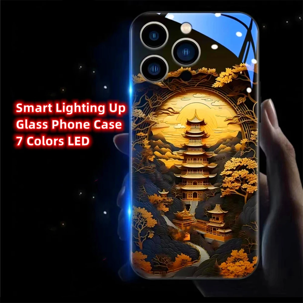 

Luxury Platinum Landscape Smart LED Light Glowing Glass Phone Case For Huawei P60 P50 P40 P30 Pro Plus Mate 60 50 50E 40 30 20