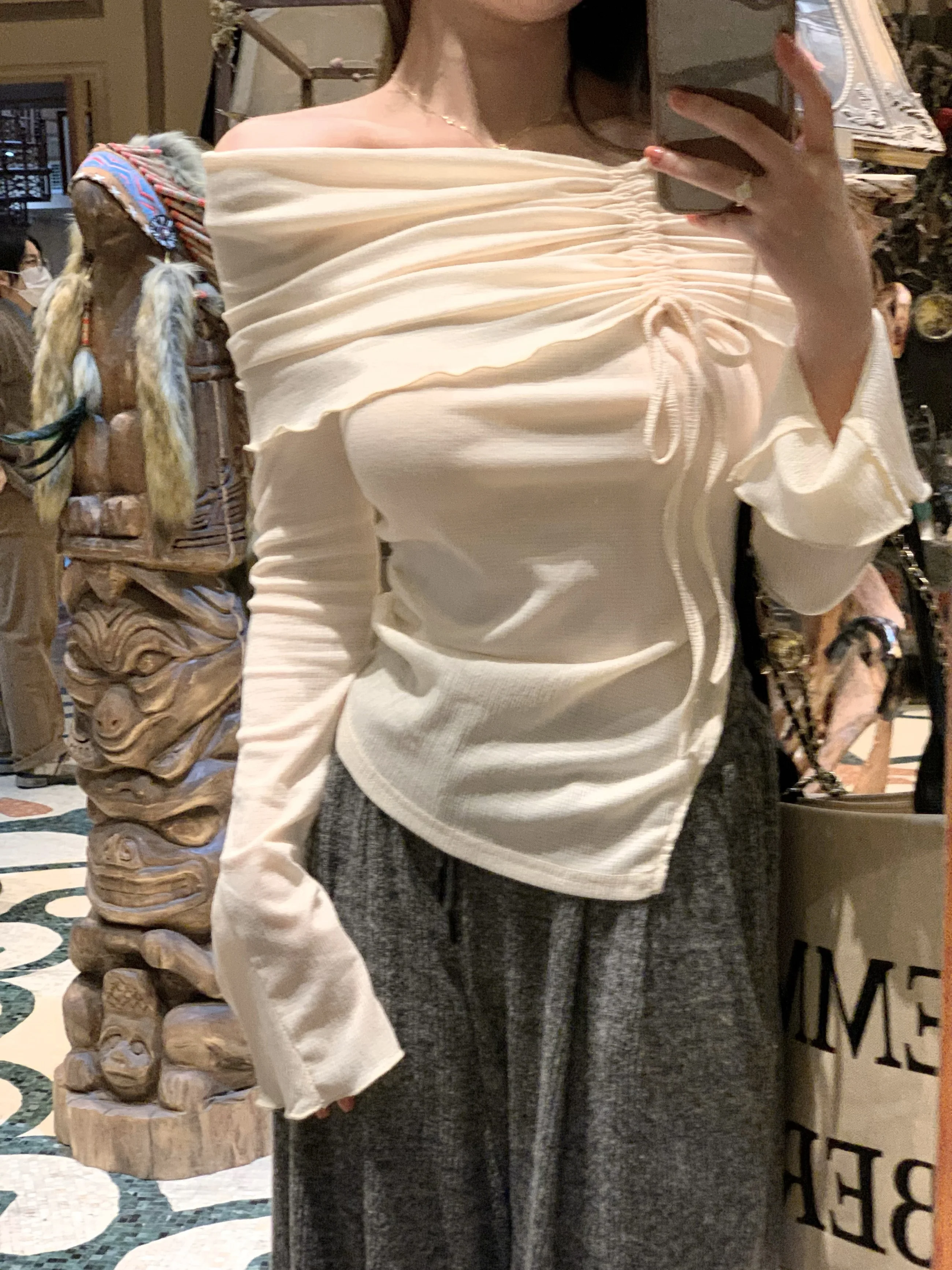 

Chiffon Blouse for Women 2023 Blusas Mujer De Moda Sexy Slash Neck Long Sleeve Summer Crop Tops Bandage Drawstring Shirt