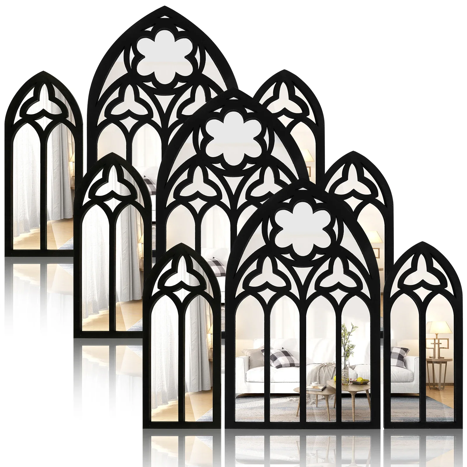 3Pcs Wall Arch Mirrors Set Gothic Wall Mirror Decor Cathedral Arched Mirror Decor Decorative Arched for Living Room