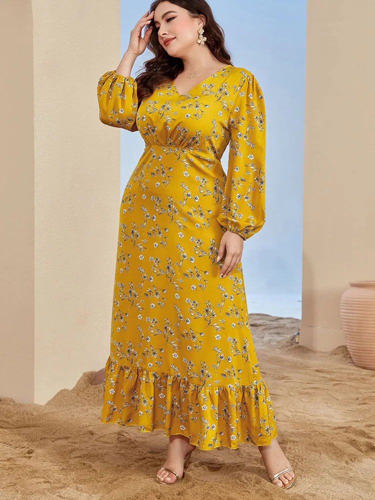 Plus Size Women Elegant Party Evening Maxi Dresses 2023 New Spring Autumn Yellow Long Sleeve Casual Floral Print Formal Clothing