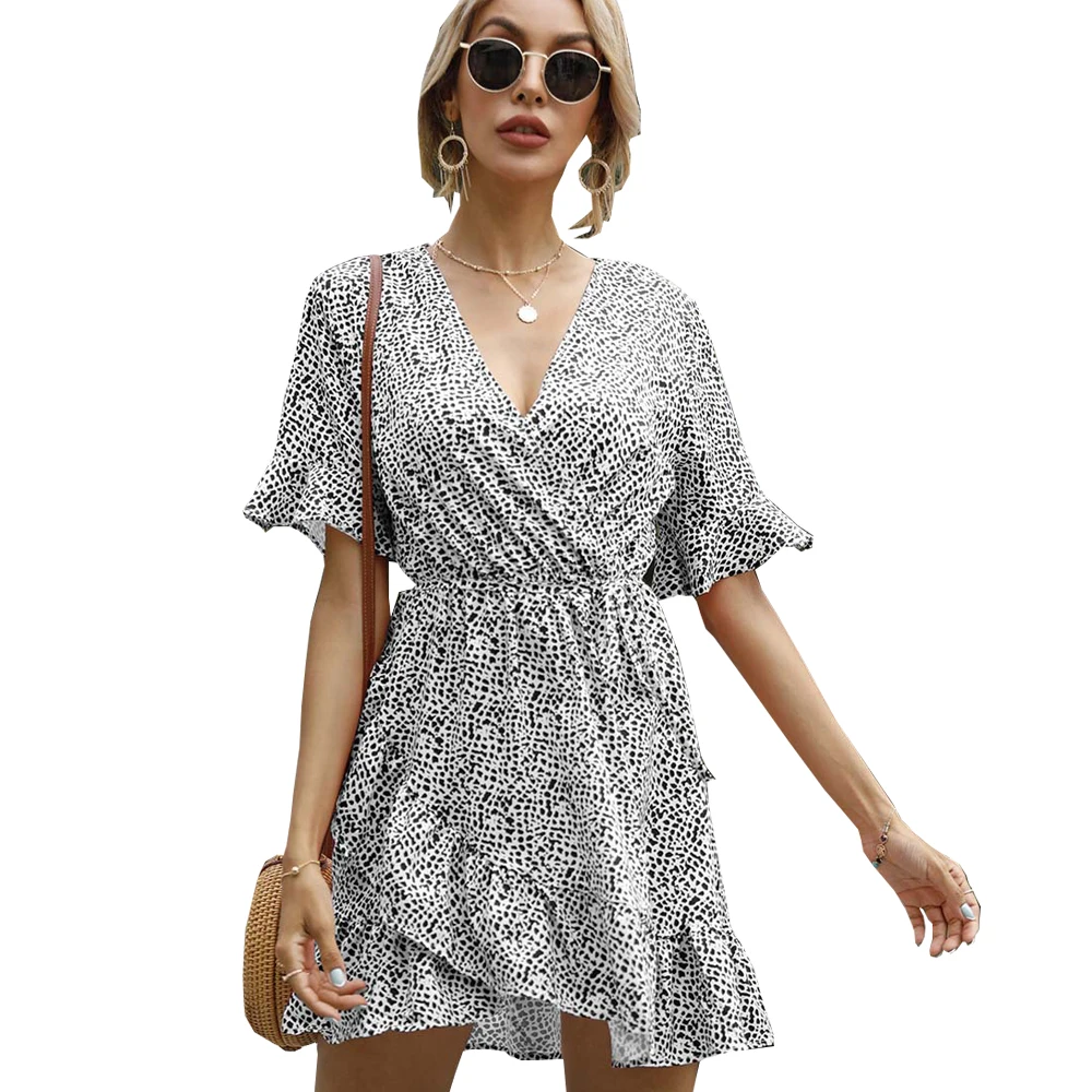 

2022 Summer Women Ruffles Chiffon V neck Dress Boho Mini Beach Dress Short Sleeve Ladies Party Floral Polka Dots Dresses